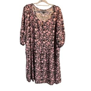 Ellos Womens 4X Pink Black Floral Rayon Babydoll Dress Puff Sleeve Boho 34/36